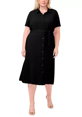 Plus Short Sleeve Button Down Midi Shirtdress
