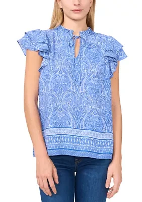 Petite Border Printed Flutter Sleeve Top