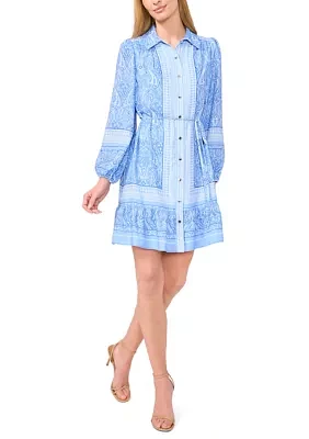 Petite Long Sleeve Tie Waist Shirt Dress with Buttons