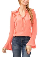Petite V-Neck Bow Front Ruffle Blouse