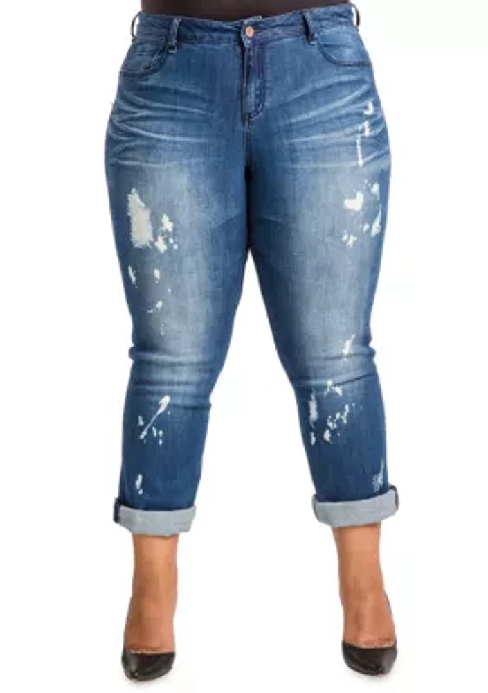 Poetic Justice Plus Women's Curvy Fit Blue Bleach Spots Boyfriend Jeans