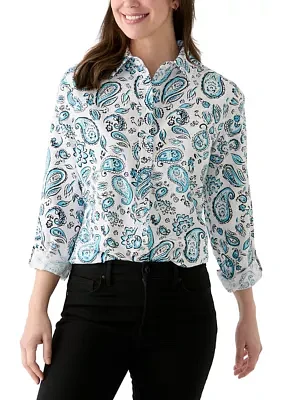 Women's Long Roll Tab Sleeve Paisley Linen Blend Shirt