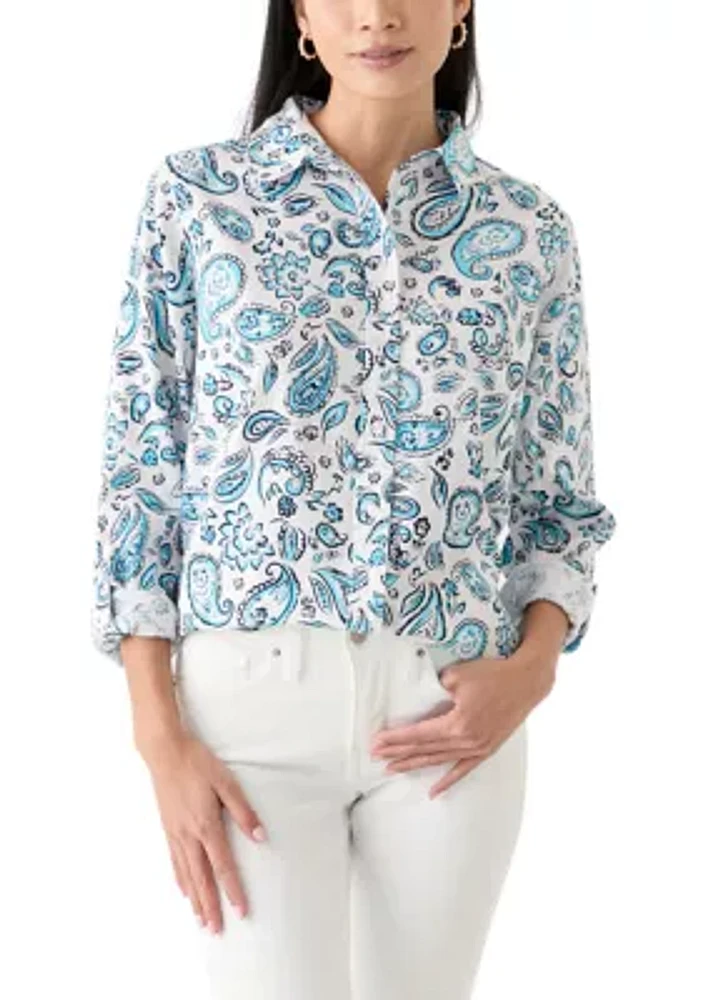 Petite Linen Blend Printed Boyfriend Shirt