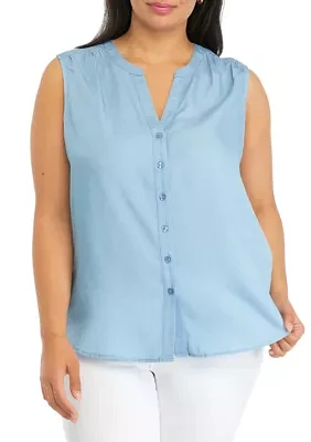 Plus Sleeveless Light Wash Chambray Woven Shirt
