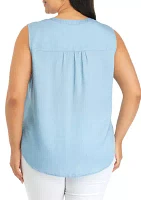 Plus Sleeveless Light Wash Chambray Woven Shirt