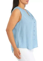 Plus Sleeveless Light Wash Chambray Woven Shirt