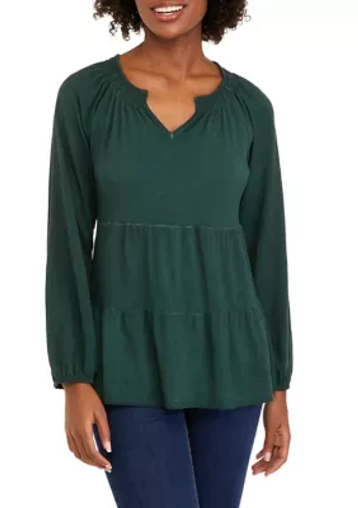 Petite Long Sleeve Smocked Split Neck Tiered Tunic Top