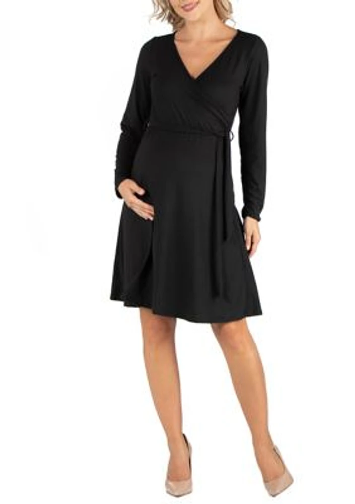 Maternity Knee Length Long Sleeve Wrap Dress