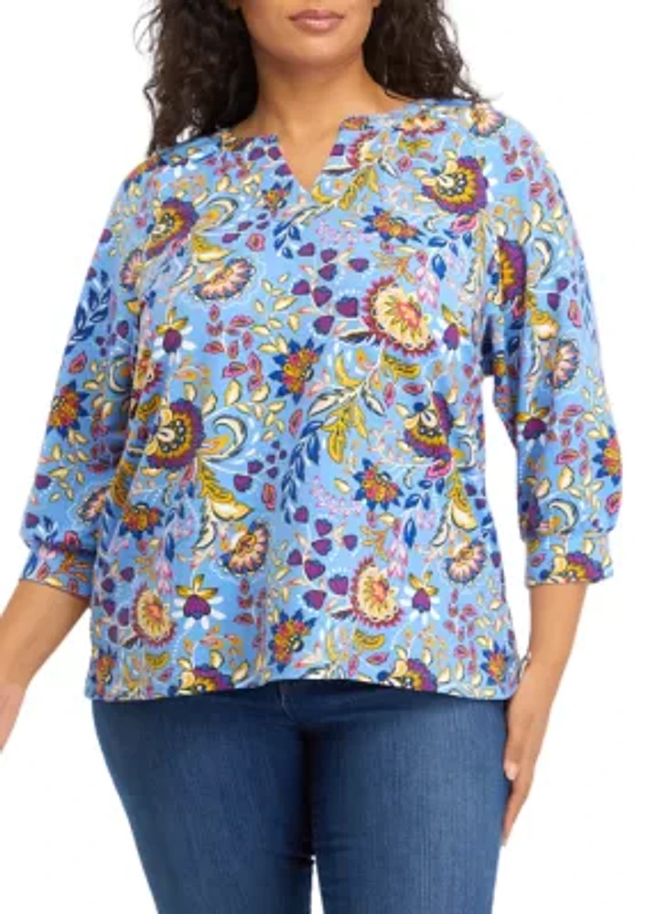 Plus 3/4 Sleeve Kurta Printed Peasant Top