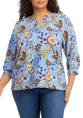 Plus 3/4 Sleeve Kurta Printed Peasant Top