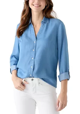 Women's Collared Roll Tab Sleeve Chambray Shirt