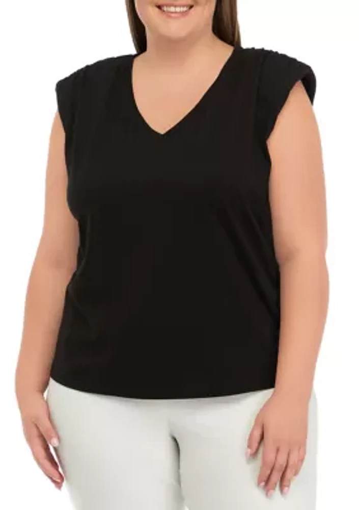 Plus V-Neck Shoulder Pad Solid T-Shirt
