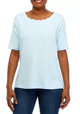 Petite Elbow Sleeve Scallop Fashion Top