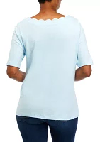 Petite Elbow Sleeve Scallop Fashion Top