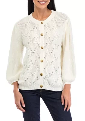 Petite Puff Sleeve Button Front Cable Knit Cardigan