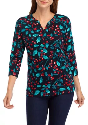 Women's 3/4 Sleeve Printed Henley Top
