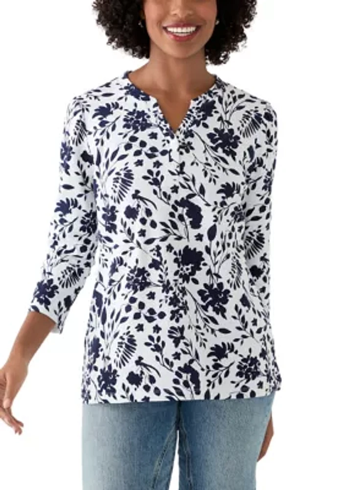 Women's 3/4 Puff Sleeve Printed Henley Shirt