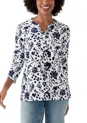Women's 3/4 Puff Sleeve Printed Henley Shirt