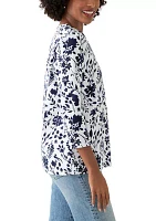 Women's 3/4 Puff Sleeve Printed Henley Shirt
