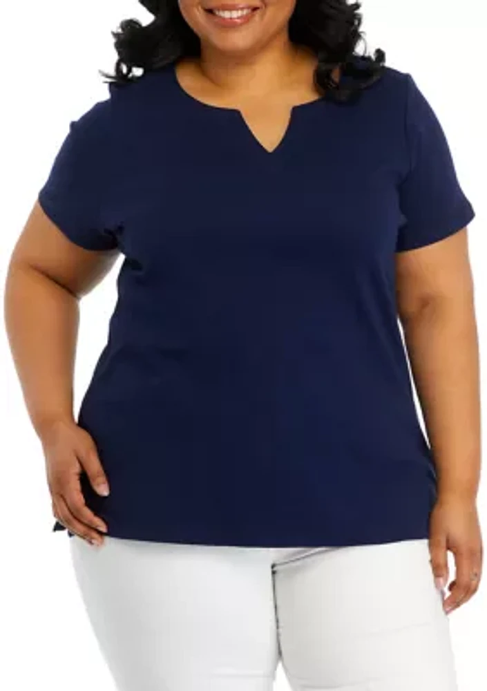 Plus Solid Split Neck T-Shirt