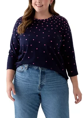 Plus 3/4 Sleeve Crew Neck Placement Print T-Shirt