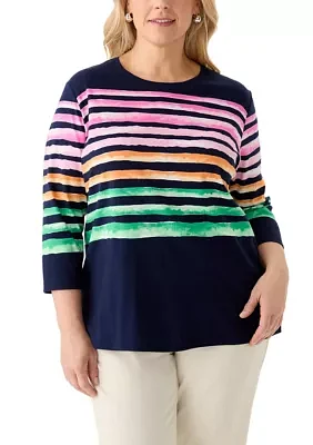 Plus 3/4 Sleeve Crew Neck Placement Stripe T-Shirt