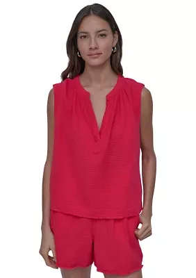 Women's Sleeveless Split Neck Gauze Popover Blouse