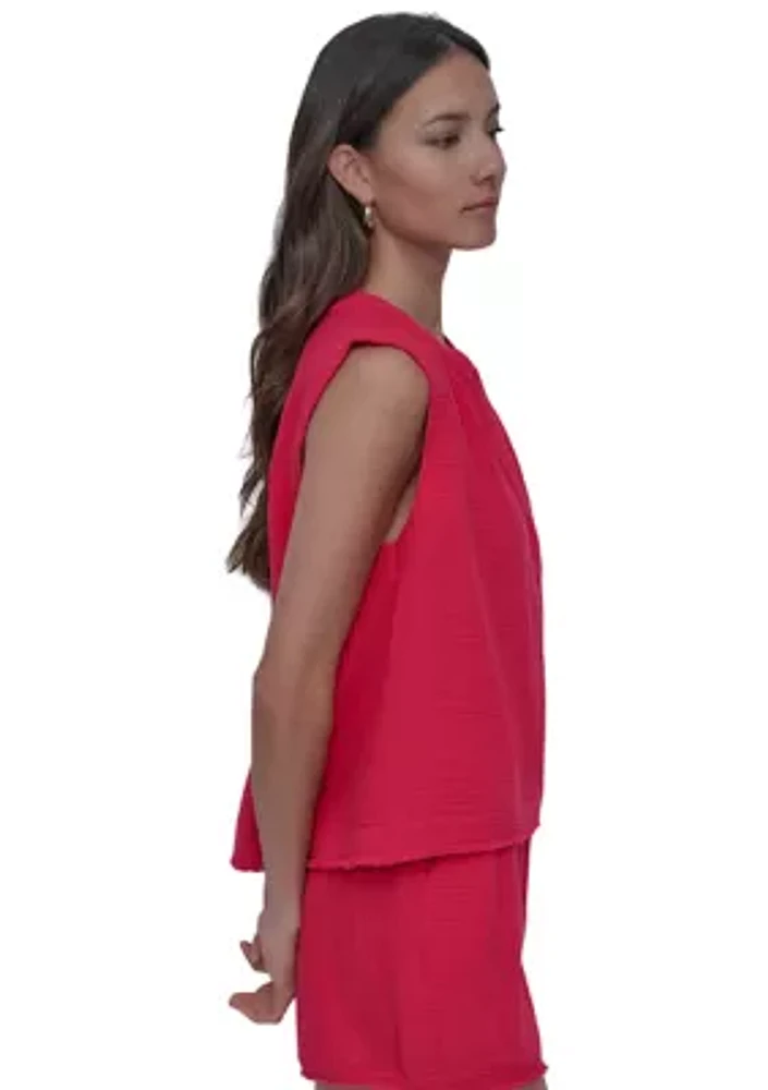 Women's Sleeveless Split Neck Gauze Popover Blouse