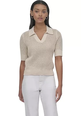 Women's Open Pointelle Stitch Cropped Sleeveless Polo Shirt