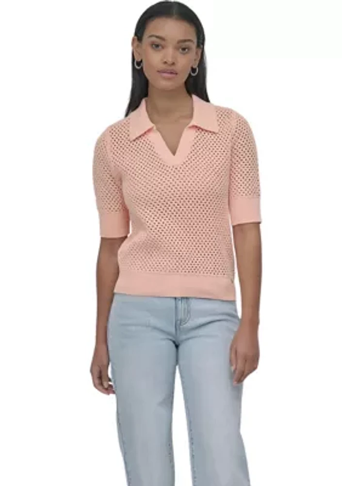 Women's Open Pointelle Stitch Cropped Sleeveless Polo Shirt