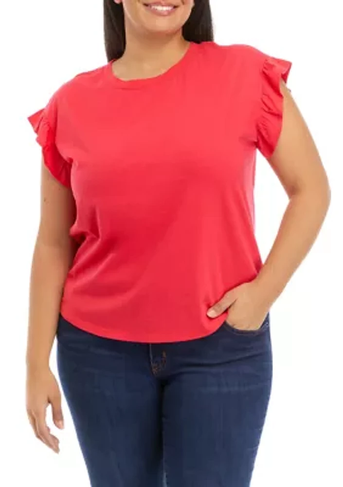 Plus Short Ruffle Sleeve Solid T-Shirt