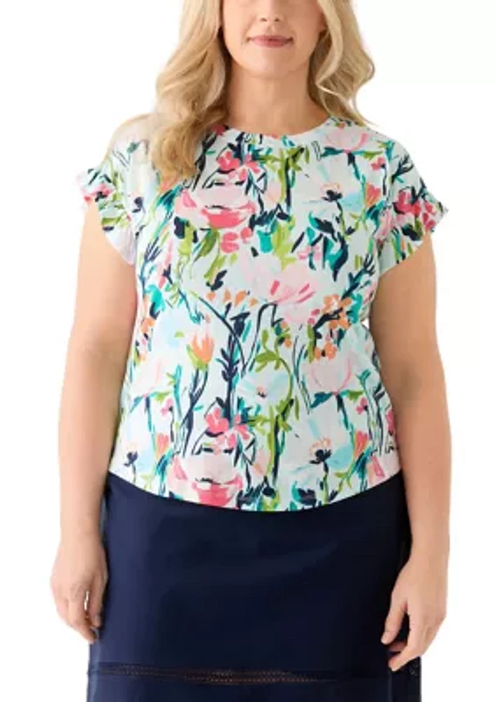 Plus Short Sleeve Ruffle Printed T-Shirt