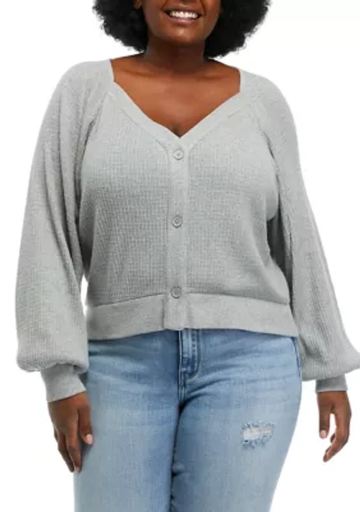 Plus Long Sleeve Button Front Waffle Top
