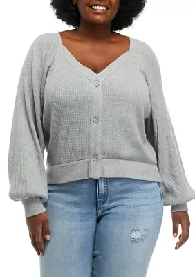 Plus Long Sleeve Button Front Waffle Top