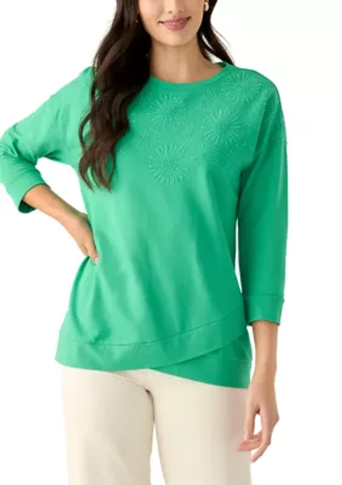 Women's 3/4 Sleeve Knit Terry Top with Embroidery