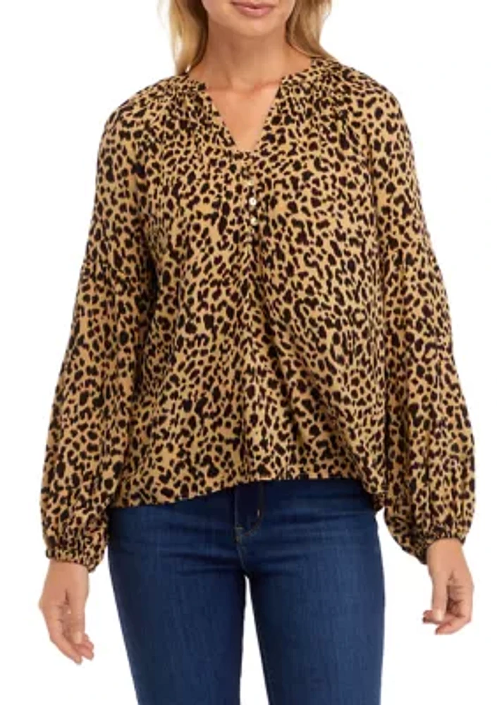 Women's Split Neck Blouson Sleeve Printed Peasant Top