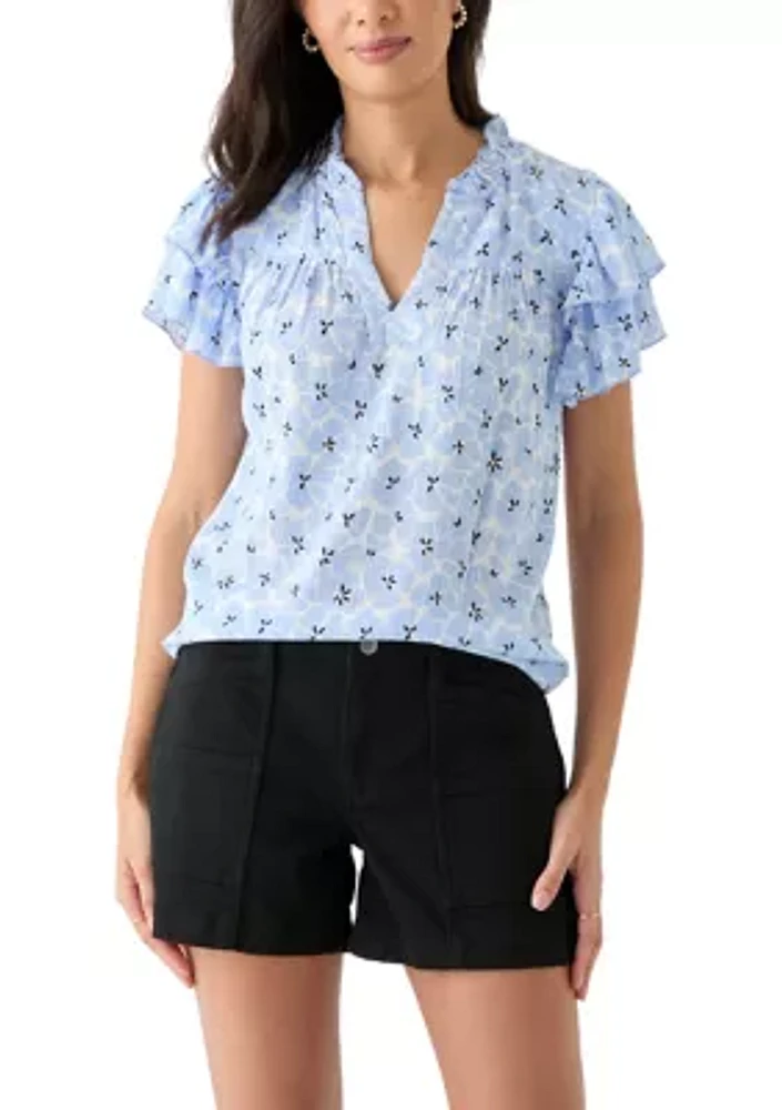 Women's Split Neck Printed Flutter Sleeve Top