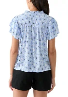 Women's Split Neck Printed Flutter Sleeve Top