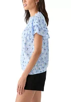 Women's Split Neck Printed Flutter Sleeve Top