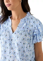 Women's Split Neck Printed Flutter Sleeve Top