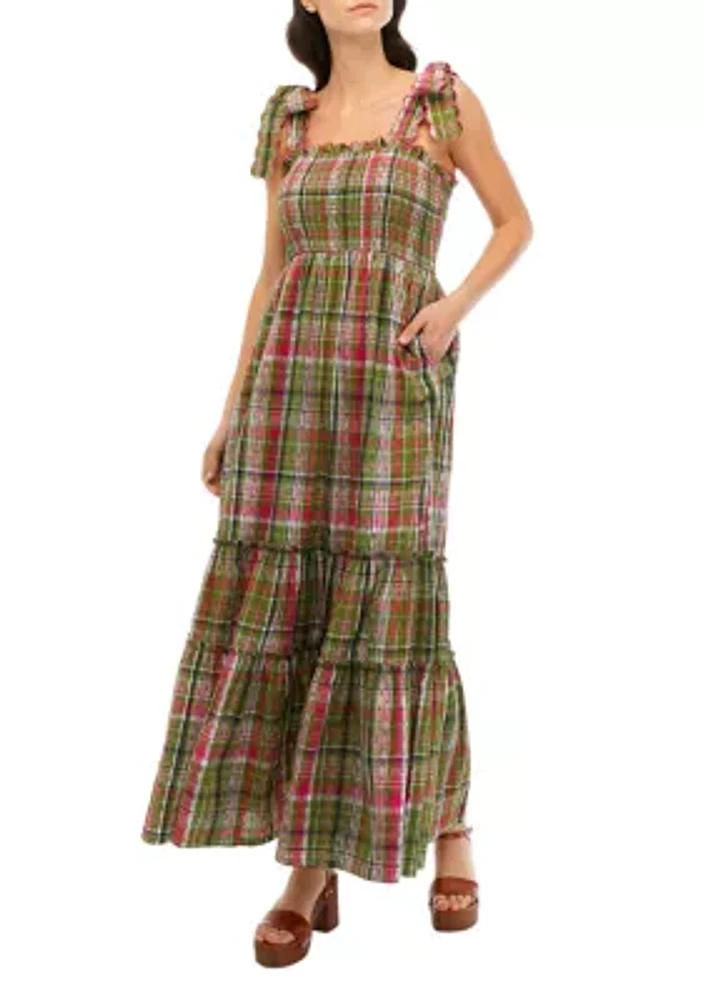 Women's Smocked Bodice Plaid Maxi Dress