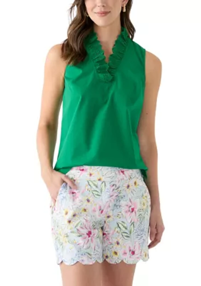 Women's Sleeveless Eyelet Ruffle Neck Top