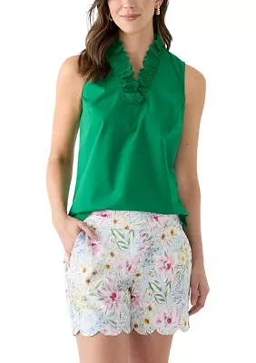 Women's Sleeveless Eyelet Ruffle Neck Top