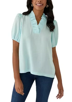 Women's Puff Sleeve Ruffle Split Neck Top