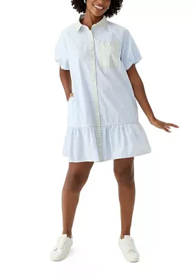 Petite Short Sleeve Flounce Yarn Dyed Shirtdress