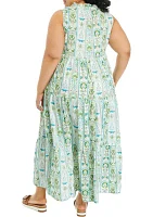 Plus Ruffle Neck Printed Midi Dress