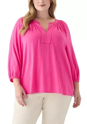 Plus 3/4 Sleeve Trim Peasant Blouse