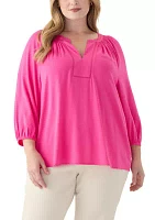 Plus 3/4 Sleeve Trim Peasant Blouse