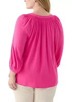 Plus 3/4 Sleeve Trim Peasant Blouse