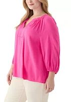 Plus 3/4 Sleeve Trim Peasant Blouse